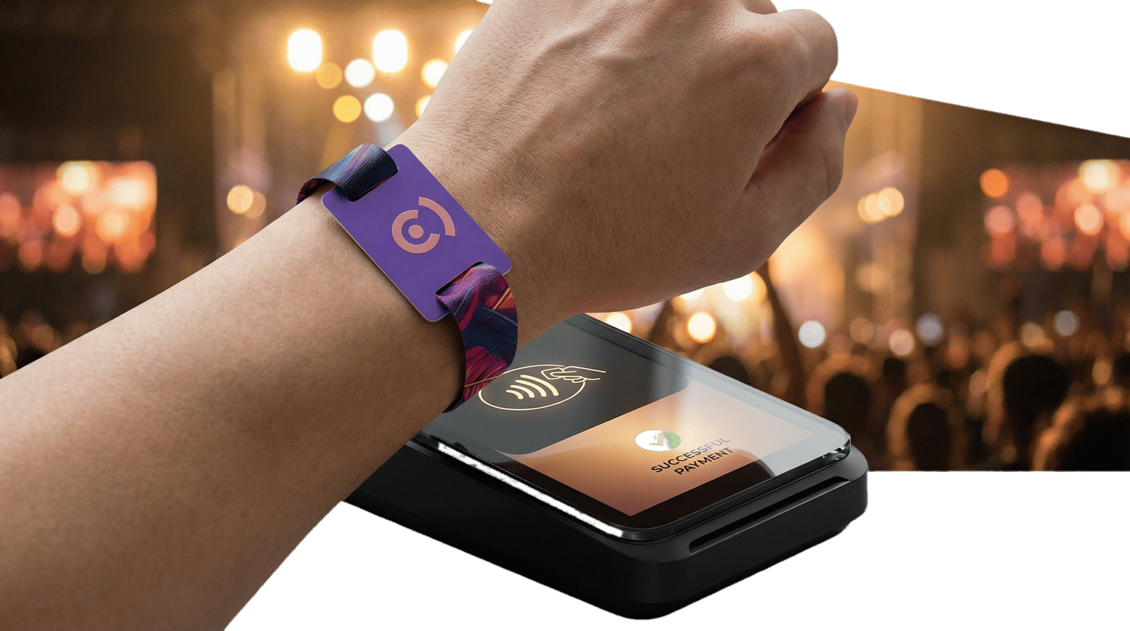 RFID cashless payments wristband tap-to-pay at live event